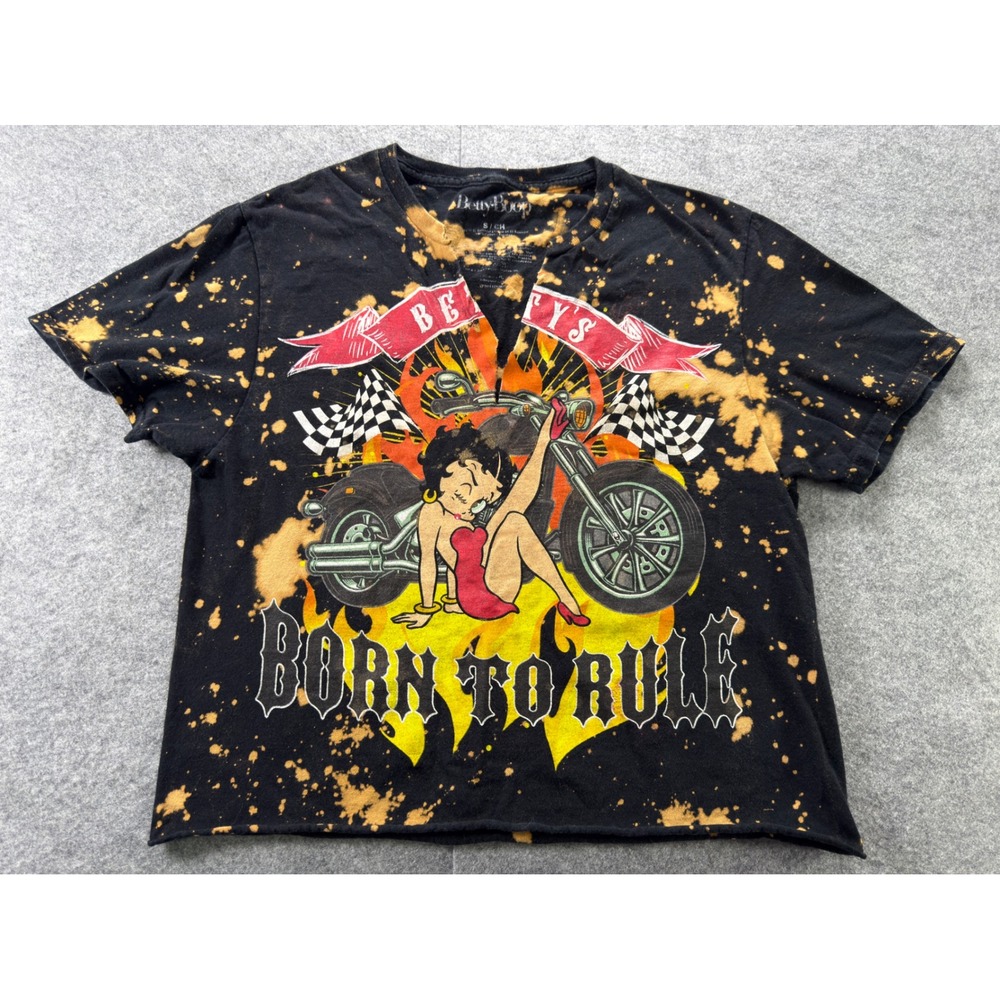 Betty Boop Graphic T-Shirt Women Small Black Bleach Splatter Biker Crop Top - Picture 2 of 9